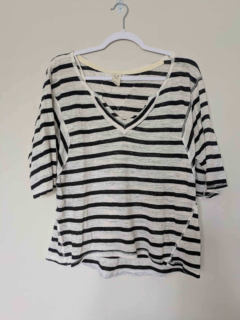 We The Free Free People Black & White Striped V-Neck Short Sleeve Top